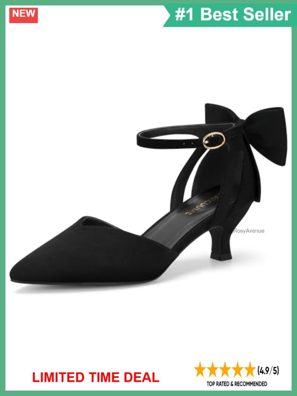 Kitten Heel Pointed Toe Ankle Strap Pump with Rear Bow
